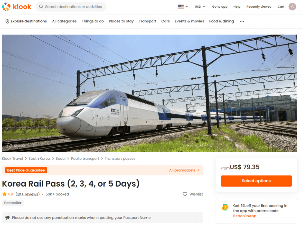 Klook Korail Pass Booking Page