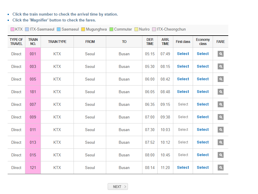 Korail Website Ticket Reservation Search Results Screenshot