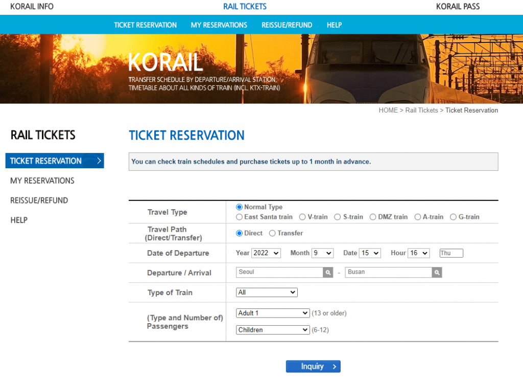Korail Website Ticket Reservation Search Screenshot